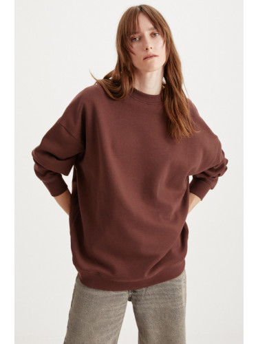 GRIMELANGE Allys Women's Crew Neck Oversize Basic Brown Sweatshirt