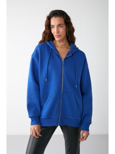 GRIMELANGE Alena Women's Basic Kangaroo Pocket Oversize Organic Cotton Zippered Hooded Saks Blue Sweatshirt