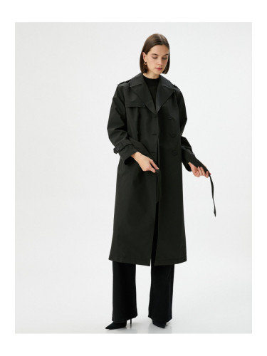 Koton Trench Coat Midi Length Double Breasted Collar Buttoned Pocket Belted