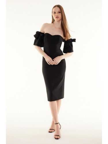 Trendyol Black Rose Accessory Woven Elegant Evening Dress