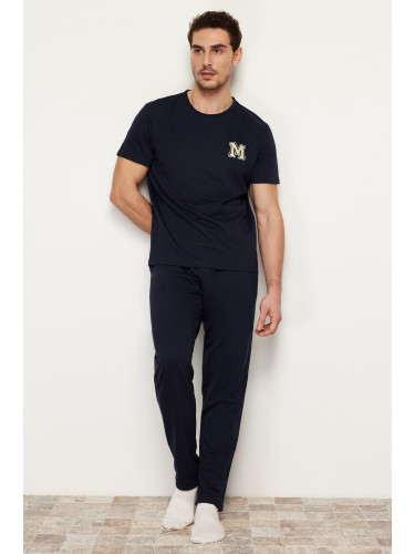 Trendyol Navy Blue Short Sleeve Printed Regular Fit Pajamas Set