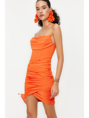 Trendyol Orange Fitted Lined Corset Detailed Knitted Short Evening Dress