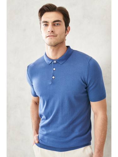 ALTINYILDIZ CLASSICS Men's Indigo Standard Fit Normal Cut 100% Cotton Polo Neck Knitwear T-Shirt.