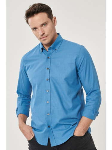 AC&Co / Altınyıldız Classics Men's Petrol Slim Fit Buttoned Collar Linen Look 100% Cotton Flared Shirt