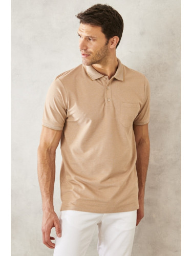 AC&Co / Altınyıldız Classics Men's Non-Shrink Cotton Fabric Regular Fit Relaxed Cut Beige-white Anti-roll Polo Neck Pocket T-Shirt