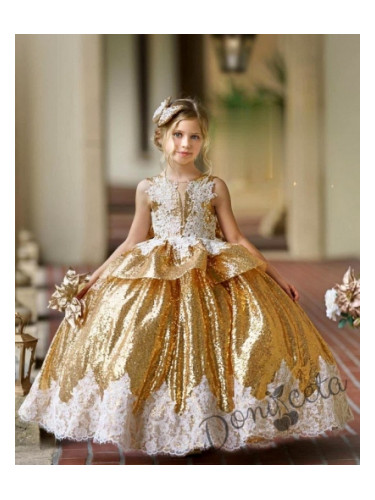 Официална детска дълга рокля с къс ръкав в златисто с обръч Карла