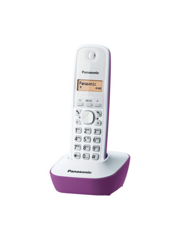 Безжичен телефон Panasonic KX-TG1611FXF, чернобял двуредов LCD дисплей, вътрешен/външен обхват 300/50м, до 6 слушалки към базата, лилав