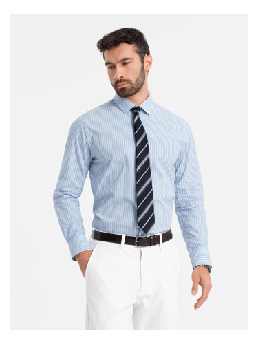 Ombre Men's REGULAR FIT cotton shirt with vertical stripes - blue and white OM-SHOS