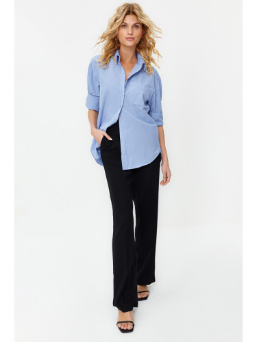 Trendyol Sky Blue Single Pocket Boyfriend Woven Cotton Shirt