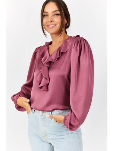 armonika Women's Dry Rose Collar Frilly Cotton Satin Blouse with Gathered Shoulders and Elasticated Sleeves