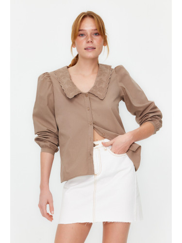 Trendyol Beige Collar Embroidered Embroidery Detailed Regular Fit Cotton Woven Shirt