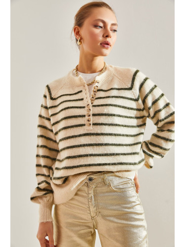 Bianco Lucci Women's Raised Striped 11 Button Knitwear Sweater