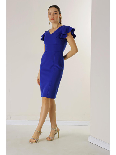 By Saygı Front Back V Neck Sleeves Flounce Lined Crepe Dress