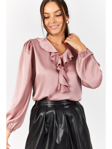 armonika Women's Pink Satin Blouse with Frilled Collar and Elasticated Sleeves.