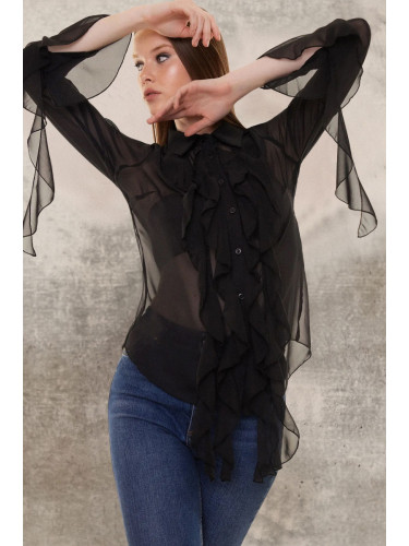 Trendyol Black Flounce Woven Chiffon Shirt