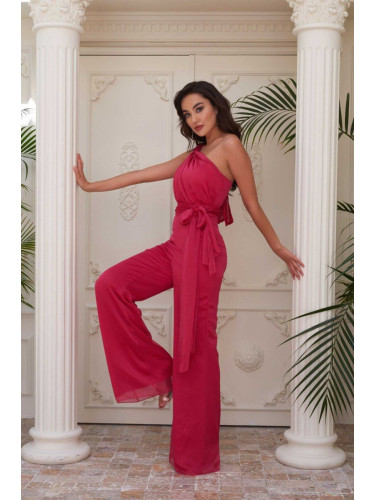 Carmen Fuchsia Chiffon One-Shoulder Braided Jumpsuit