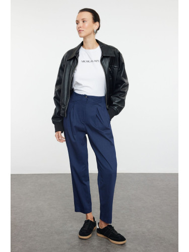 Trendyol Navy Blue Cotton Carrot Pattern Stripe Detailed Woven Trousers