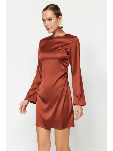 Trendyol Brown Straight Cut Mini Gathered Woven Dress