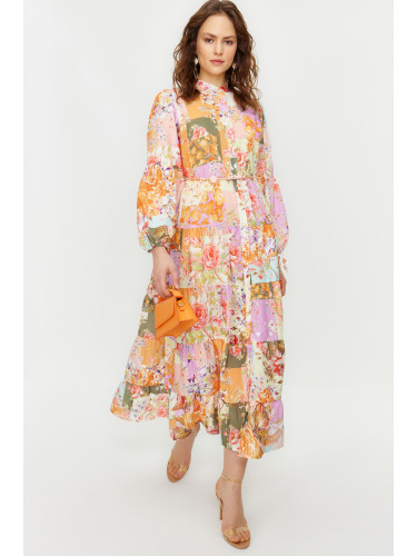 Trendyol Multicolored Floral Patterned Linen Look Woven Dress with Belt Detail