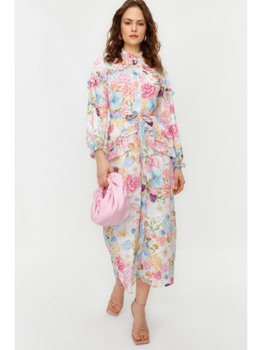 Trendyol Lilac Floral Ruffle Detail Lined Woven Chiffon Dress