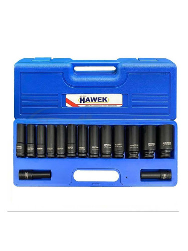 Вложки 1/2", шестостен, 10-32 мм, 15 части, HAWEK HW-2001, ударни, удължени