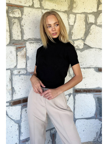 Trend Alaçatı Stili Women's Black Turtleneck Short Sleeve Basic Knitwear Sweater