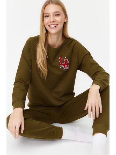 Trendyol Green 100% Cotton Printed Sweatshirt-Jogger Knitted Pajamas Set