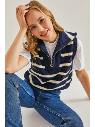 Bianco Lucci Women's Turtleneck Zipper Knitwear Striped Sweater