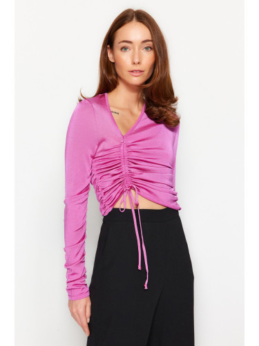 Dilvin 10364 V Side Gathered Front Sweater-fuchsia