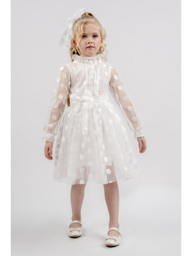 Детска официална рокля на точки в бяло от тюл, дълъг ръкав, коланче и 