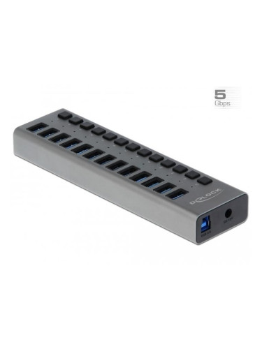 USB Хъб DeLock 63738, 13 порта, от USB Type-B към 13x USB 3.0 Type-A, 5000 Mbit/s, LED индикатор, сив