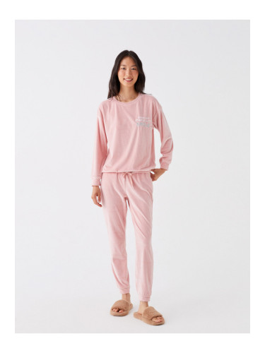 LC Waikiki Crew Neck Embroidered Long Sleeve Velvet Women's Pajamas Set