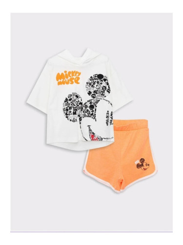 LC Waikiki Girls' Hoodie And Mickey Mouse Print Short Sleeved T-Shirt And Shorts