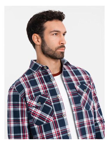 Ombre Men's flannel shirt with buttoned pockets - red and navy blue OM-SHCS