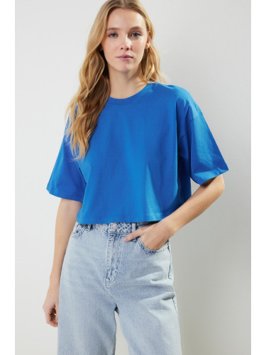 Trendyol Premium Saks 100% Cotton Crop Knitted T-Shirt