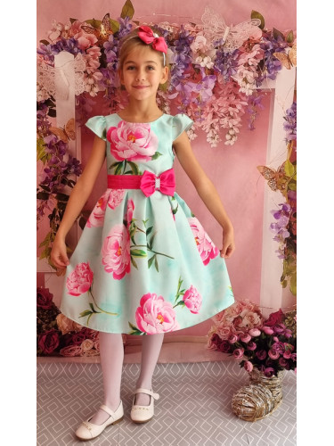 Официална детска рокля с къс ръкав в тюркоаз/мента с цветя 223РЦР