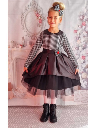 Официална детска рокля пепит с дълъг ръкав ръкав в черно и коланче 379