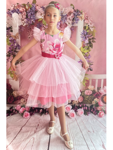 Официална детска рокля на цветя с къс ръкав в розово и тюл 288РМ