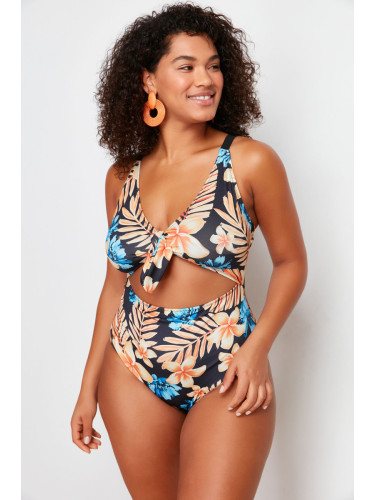 Trendyol Curve Blue Deep V Cut Out Tie Detail Floral Patterned Plus Size Swimsuit
