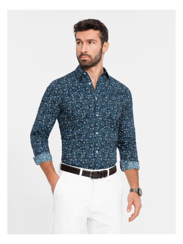 Ombre Men's SLIM FIT patterned cotton shirt - dark blue