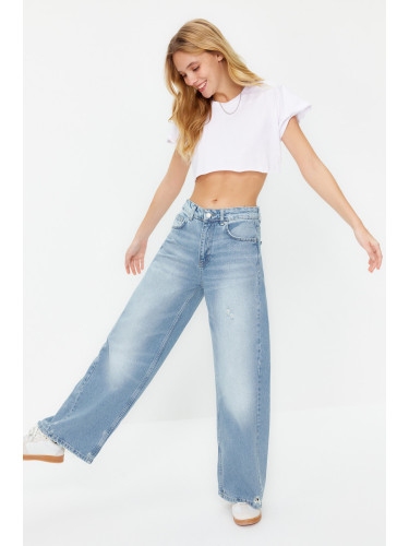 Trendyol Blue Stitching Detailed Normal Waist Extra Wide Leg Jeans