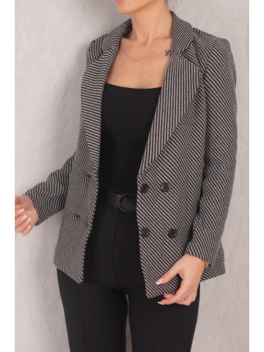 armonika Women's Gray Striped Patterned Four Button Cachet Jacket