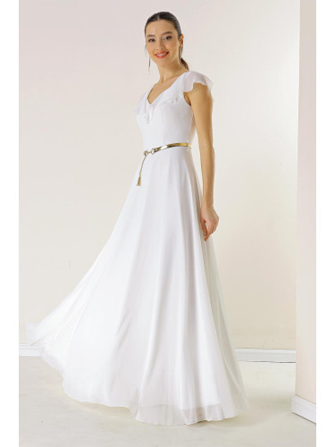 By Saygı Flounced Collar, Belted Waist, Lined Long Chiffon Dress
