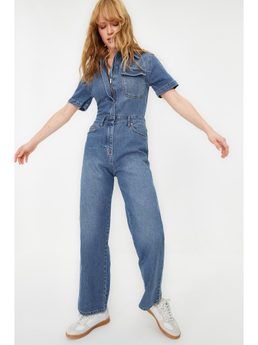 Trendyol Blue Short Sleeve Denim Jumpsuit