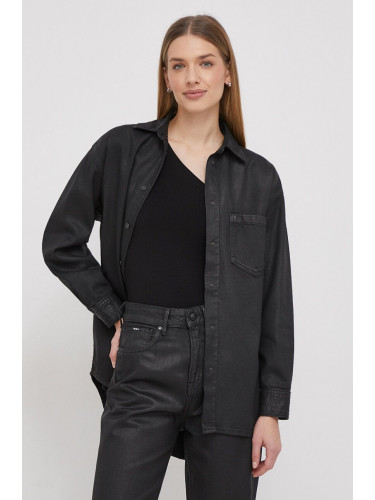 Памучна риза Pepe Jeans ALIX COATED дамска в черно със свободна кройка с класическа яка