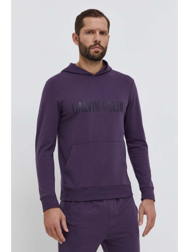 Домашен суичър Calvin Klein Underwear в лилаво с качулка с принт