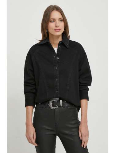 Дънкова риза Pepe Jeans ESTELLE SPARKLE в черно къса разкроена PL953445