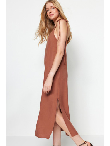 Trendyol Brown Straight Cut Slit Strappy Maxi Woven Dress