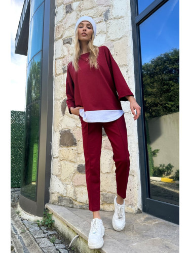 Trend Alaçatı Stili Women's Burgundy Crew Neck Garnished Blouse & Double Pocket Ribbed Stitched Trousers Set