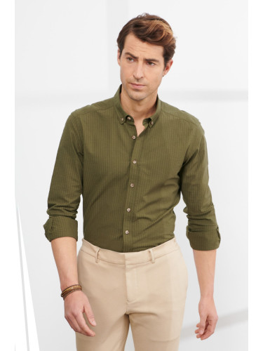 ALTINYILDIZ CLASSICS Men's Khaki Slim Fit Slim Fit Buttoned Collar 100% Cotton Shirt